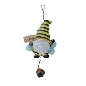 Bee Happy Gnome Metal Hanging Decor with Bell Garden Porch Ornament